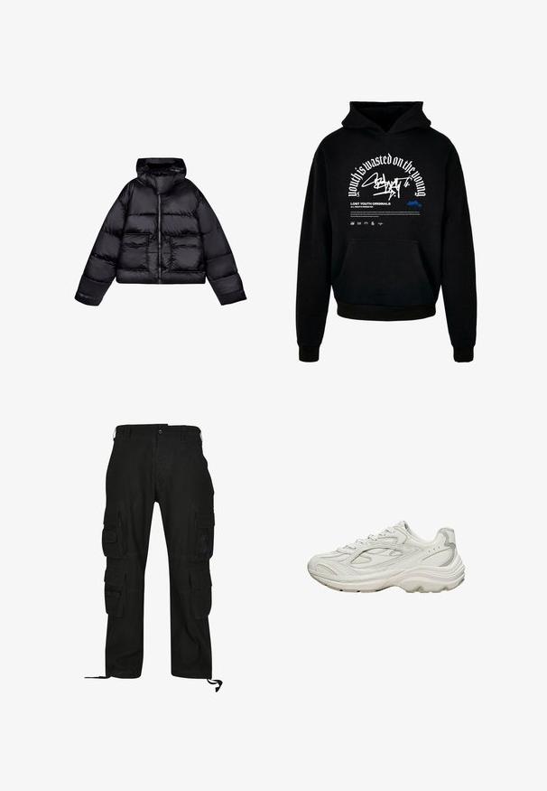 Sort cropped pufferjakke med hætte, der har en glat, blank tekstur, to frontlommer og en central lynlås.; Sort hættetræner med frontlomme. Har hvidt fed skrift og grafisk design. Lavet af blødt stof med ribbede manchetter og kant.; Sorte cargo bukser lavet af slidstærkt stof, med flere sidelommer, afslappet pasform og justerbare ankelstropper.; Hvid sneaker med en tekstureret overdel og en chunky sål. Den har buede linjer, subtile grå accenter og en snørelukning.