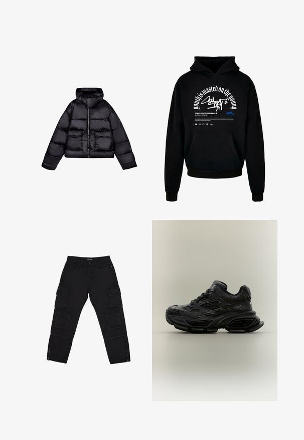Veste puffer noire courte avec capuche, présentant une texture lisse et brillante, deux poches avant et une fermeture éclair centrale.; Sweatshirt à capuche noir avec poche avant. Présente un texte en gras blanc et un design graphique. Fabriqué en tissu doux, avec des poignets côtelés et une finition en ourlet.; Pantalons cargo noirs en tissu durable, dotés de plusieurs poches cargo, de chevilles zippées et de jambes droites avec des détails de couture subtils.; Baskets noires épaisses avec un design texturé, semelle épaisse et fermeture à lacets, présentées sur un fond neutre uni.