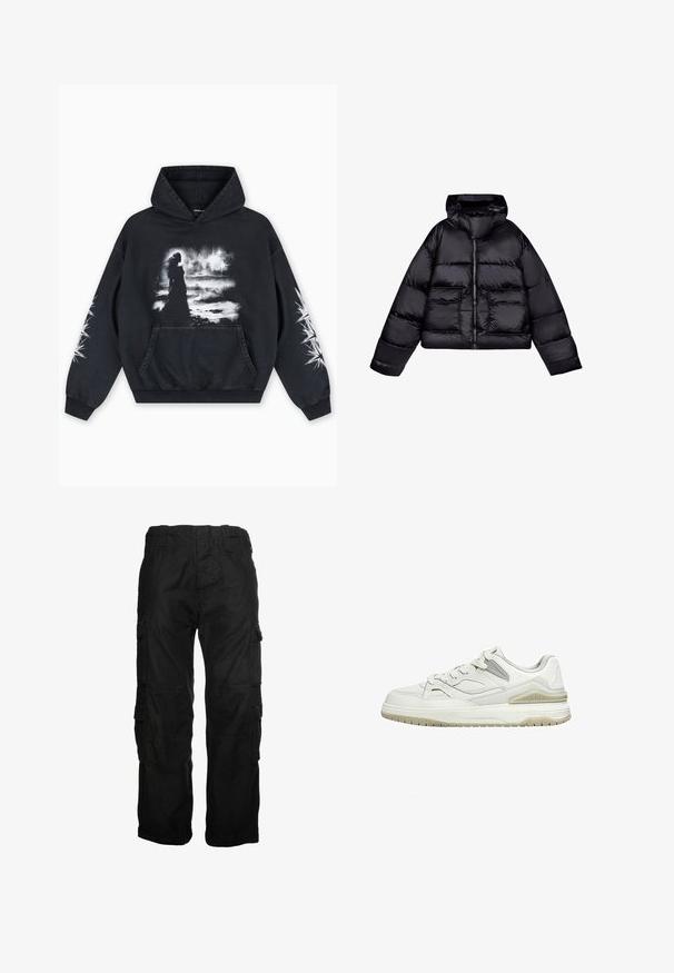 Schwarze, kurz geschnittene Daunenjacke mit Kapuze, die eine glatte, glänzende Textur aufweist, zwei Fronttaschen und einen zentralen Reißverschluss hat.; Schwarzer Hoodie mit einem vorderen Grafikdruck einer Figur vor einem wolkigen Hintergrund. Enthält eine Kängurutasche und Sternmuster auf den Ärmeln.; Schwarze Cargo-Hosen aus Baumwolle, ausgestattet mit mehreren Seitentaschen, einem elastischen Bund und einer lockeren Passform. Glatte Textur mit Nahtdetails.; Weißer Sneaker mit niedrigem Schaft, beiger Sohle, Schnürung vorne und gepolstertem Kragen, dargestellt auf schlichtem weißem Hintergrund.