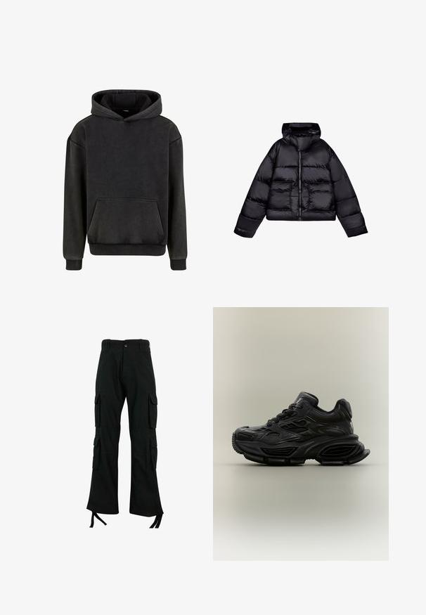Zwarte cropped pufferjack met capuchon, met een gladde, glanzende textuur, twee voorzakken en een centrale ritssluiting.; Urban Classics Hoodie - magnet; Zwarte cargobroek van duurzaam materiaal met meerdere zijzakken, een rechte pijpdesign en strikjes aan de zoom voor een verstelbare pasvorm.; Zwarte chunky sneaker met textuurontwerp, dikke zool en vetersluiting, weergegeven tegen een eenvoudige neutrale achtergrond.