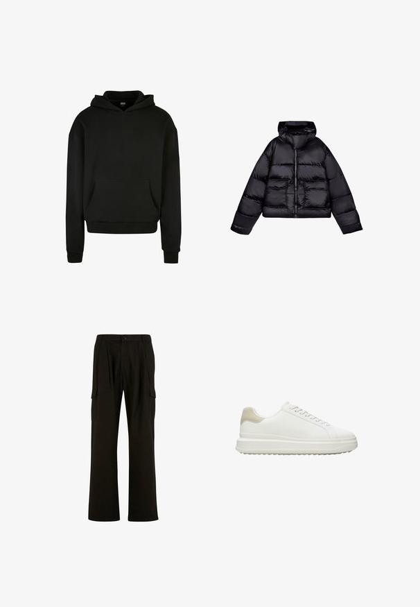 Schwarze, kurz geschnittene Daunenjacke mit Kapuze, die eine glatte, glänzende Textur aufweist, zwei Fronttaschen und einen zentralen Reißverschluss hat.; Schwarzer Kapuzenpullover aus weichem Stoff, mit einer Fronttasche, gerippten Bündchen und einem lässigen Schnitt.; Urban Classics WIDE - Cargohose - black; Weiße Sneakers aus glattem Leder mit einer texturierten, beigen Fersenapplikation, runden Schnürsenkeln, einem flachen Design und einer Gummisohle.