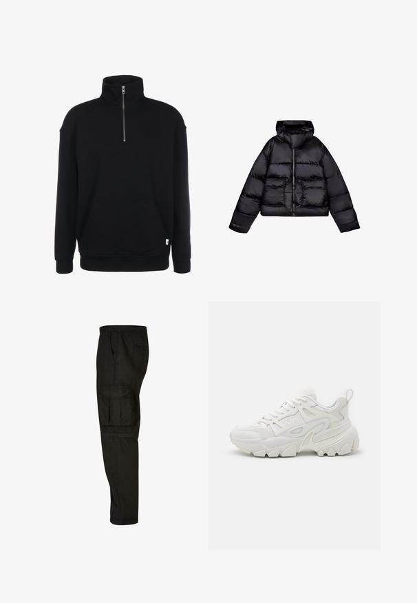 Zwarte cropped pufferjack met capuchon, met een gladde, glanzende textuur, twee voorzakken en een centrale ritssluiting.; Zwarte sweatshirt met rits en lange mouwen, zachte textuur, een voorzak en een klein groen logo aan de onderrand.; Zwarte cargobroek met een relaxte pasvorm, elastische tailleband, zijzakken en een grote cargozak op de dij. Zacht, lichtgewicht stof.; Witte sportieve sneakers met een gestructureerde bovenkant, mesh panelen, een opvallende rubberen zool en decoratieve uitsparingen aan de zijkanten.