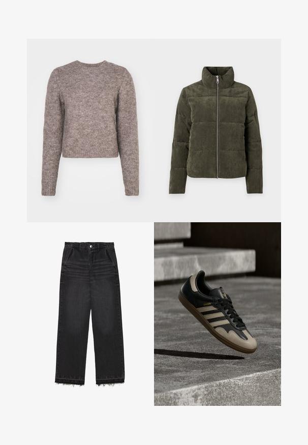 Oliven grøn kordfløjl pufferjakke med høj krave, frontlynlås og ribbet struktur. Har polstrede sektioner med en blød finish.; Lys brun, cropped sweater med lange ærmer, rund halsudskæring og et struktureret strikstof. Ingen synlige mønstre eller hardwaredetaljer.; Sorte denimbukser med lige ben. Har høj talje, rå kant og en diskret falmet struktur. Foran er der lommer.; Sort og beige lædersneaker med tre hvide striber, tanfarvet gummisål og gyldent "Samba"-detalje på siden.