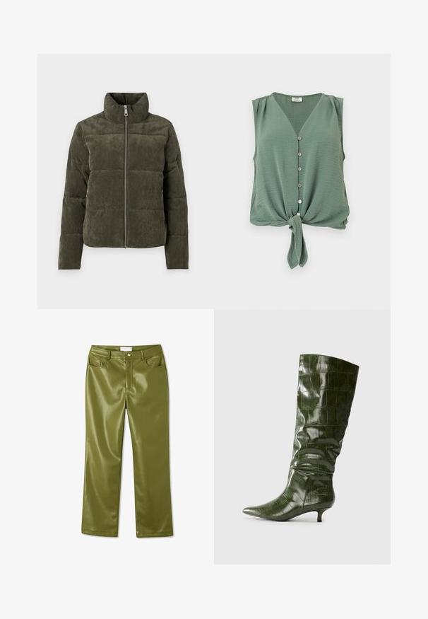 Olijfgroene corduroy pufferjack met een hoge kraag, een rits aan de voorkant en een geribbelde textuur. Bevat gevoerde delen met een zachte afwerking.; Mouwloze groene blouse met knopen, V-hals en voorknoop, gemaakt van lichtgewicht gestructureerde stof.; Olivengroene, hoge taille faux leren broeken met een gladde textuur, vier zakken en een sluiting met een knoop aan de voorkant. Rechte pijp design.; Hoge donkergroene laarzen van leer met krokodillenpatroon, met een spitse neus en een lage kittenhak, zijaanzicht weergegeven op een effen achtergrond.
