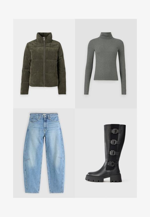 Olijfgroene corduroy pufferjack met een hoge kraag, een rits aan de voorkant en een geribbelde textuur. Bevat gevoerde delen met een zachte afwerking.; Grijze, lange mouwen turtleneck top gemaakt van een zachte geribbelde stof, met een aansluitende pasvorm en hoge kraag.; Lichtblauwe denim jeans met een relaxte pasvorm, met een hoge taille, rechte pijpen en subtiele stiksels op de voorzakken.; Zwarte leren kniehooglaarzen met drie verstelbare gespbanden aan de zijkant, stevige rubberen zool met ribbels voor extra grip.