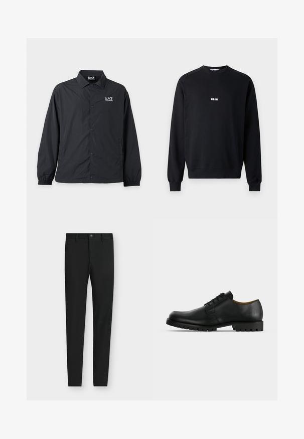 Chaqueta negra ligera con botones, cuello, puños elásticos y logo blanco EA7 Emporio Armani en el pecho izquierdo.; Sudadera negra de mezcla de algodón, con cuello redondo, mangas largas, puños acanalados y un logotipo blanco de MSGM en el pecho.; Pantalones negros de corte ajustado con trabillas para cinturón, cierre de botón y bolsillos delanteros, mostrados planos sobre un fondo gris claro.; Zapato de vestir negro de cuero con cordones, suela gruesa y acanalada y tacón bajo mostrado sobre fondo blanco.