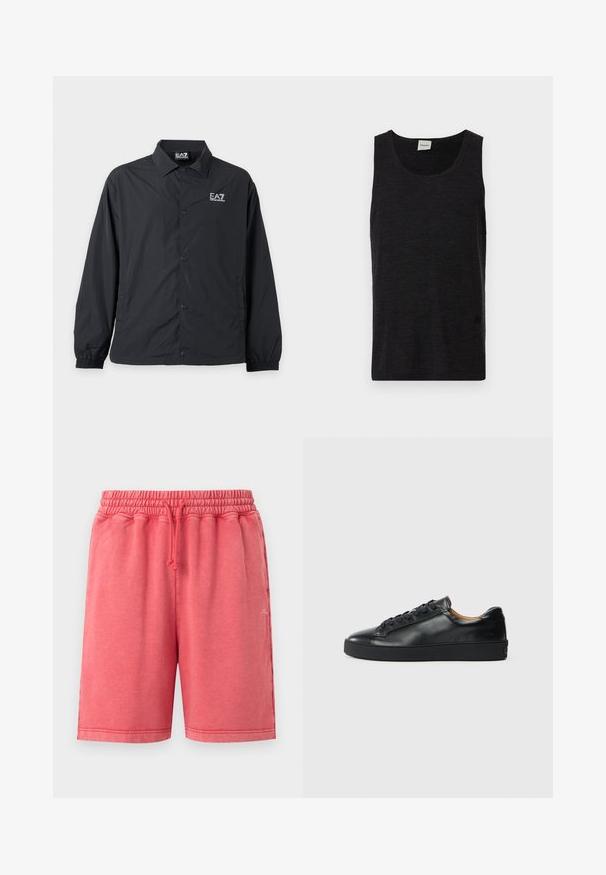 Crna lagana jakna na kopčanje s ovratnikom, elastičnim manžetama i bijelim EA7 Emporio Armani logotipom na lijevoj strani prsa.; Crna majica bez rukava izrađena od teksturiranog materijala. Ima okrugli izrez i suptilan logo akcentski detalj blizu ruba. Jednostavan dizajn.; Koraljno roza ležerne kratke hlače s elastičnim pojasom i podesivim vezicama, dva bočna džepa i mali bijeli logo na desnoj nozi.; Crne kožne tenisice s glatkom teksturom, okruglim vrhom i vezanjem. Imaju debeli gumeni potplat i minimalne oznake branda.