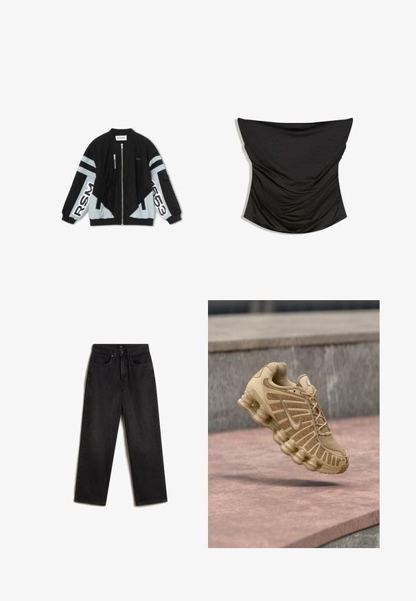 Résumé ALANARS - Bomberjacke - black; Schwarzes trägerloses, gerafftes Satin-Corsett-Top mit geradem Ausschnitt und figurbetonter Silhouette vor weißem Hintergrund.; Vans SIRELLE 5 POCKET PUDDLE TROUSERS, - Jeans Straight Leg - black; Beiger Sportschuh mit mesh-Obermaterial und strukturierter Unterstützung, ausgestattet mit einer gepolsterten Sohle mit sichtbaren Lufteinheiten und texturierten Details.