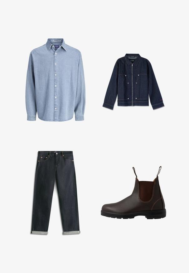 Chaqueta de mezclilla azul oscuro con cuello, cierre de cremallera, dos bolsillos frontales y botones a presión blancos. Presenta una etiqueta de marca en el interior.; Camisa de mezclilla de manga larga color azul claro con cuello y botones blancos, presentada sobre un fondo blanco liso.; Vaqueros de mezclilla azul oscuro con puños enrollados, cinco bolsillos y costuras de contraste, extendidos planos sobre un fondo blanco.; Bota Chelsea de cuero marrón con panel elástico lateral, costuras marrones, tiradores y suela de goma resistente con un patrón texturizado.