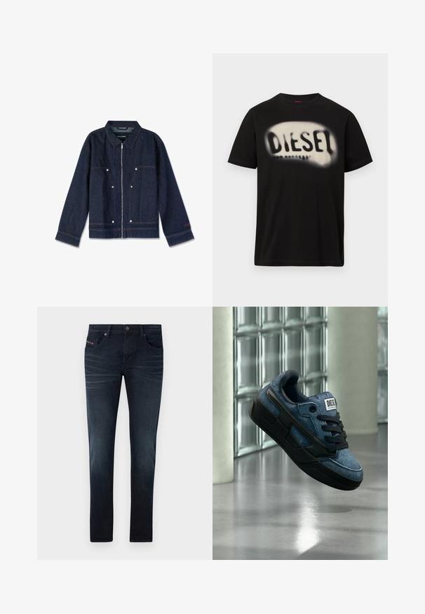 Dunkelblaue Jeansjacke mit Kragen, Reißverschluss, zwei Fronttaschen und weißen Druckknöpfen. Mit einem markierten Etikett im Inneren.; Schwarzes Baumwoll-T-Shirt mit einem großen, verschwommenen weißen Logo und dem Schriftzug "DIESEL" auf der Vorderseite. Kurzärmlig, mit rundem Halsausschnitt.; Dunkelblaue Jeans aus Denim mit schlanker Passform, ausgestattet mit fünf Taschen, subtilen Verblassungen und einem Metallknopfverschluss am Bund.; Blauer und schwarzer Diesel-Sneaker mit schwarzen Schnürsenkeln, der über einem grauen Boden nahe einer Glassteinwand und weißen Säulen schwebt.