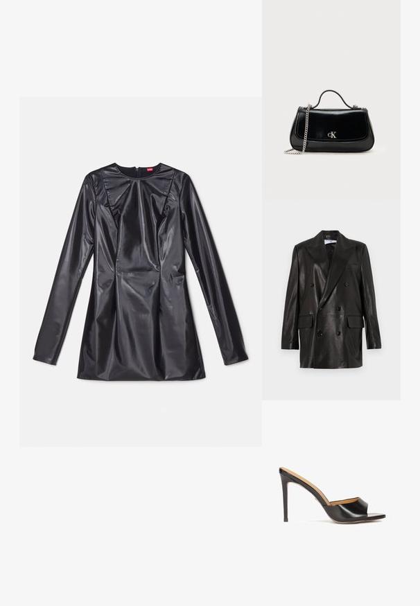 Sort læder dobbeltradet blazer med brede revers, forlommer og knapdetaljer. Glat tekstur med en skræddersyet silhuet.; 032c TRAPEZE TOO TIGHT MINI DRESS - Cocktailkjole / festkjole - black luster; Sorte open-toe hæle mules med en blank læderfinish, taperet blokhæl og et glat buet bånd over vristen.; Sort læderhåndtaske med en kædestrop, struktureret form og et sølvlogo. Glat overflade med flaplukning.