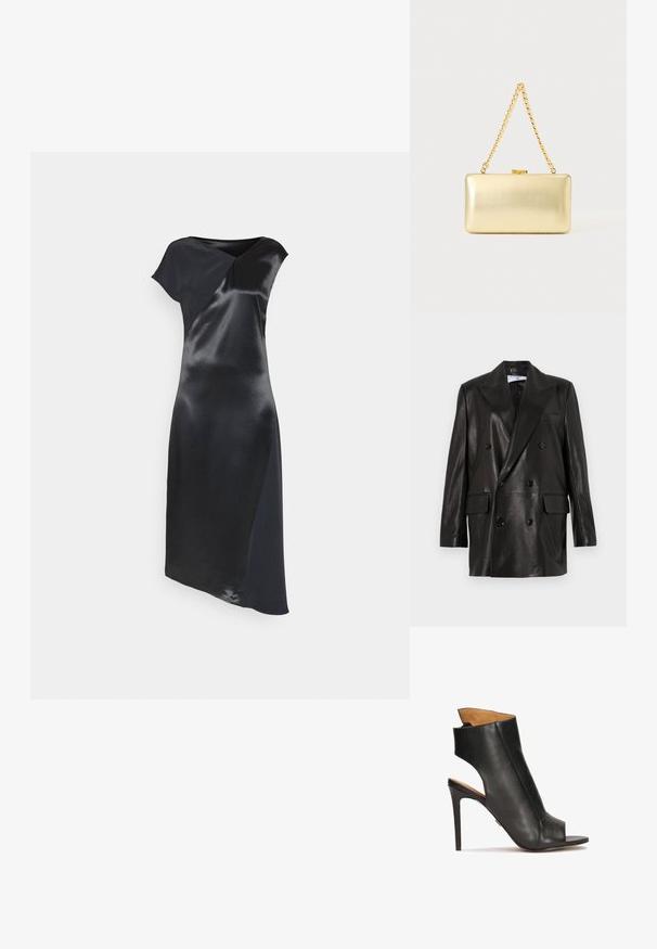 Sort læder dobbeltradet blazer med brede revers, forlommer og knapdetaljer. Glat tekstur med en skræddersyet silhuet.; Calvin Klein NAIA SHINE MIDI DRESS - Cocktailkjole / festkjole - black; Sorte læder højhælede sandaler med åben tå og udskæring design. Har en stiletto hæl og en formet ankel sektion.; Rektangulær guld clutch taske med skinnende overflade, metal-lås og kort guldkædehank mod en lys ensfarvet baggrund.