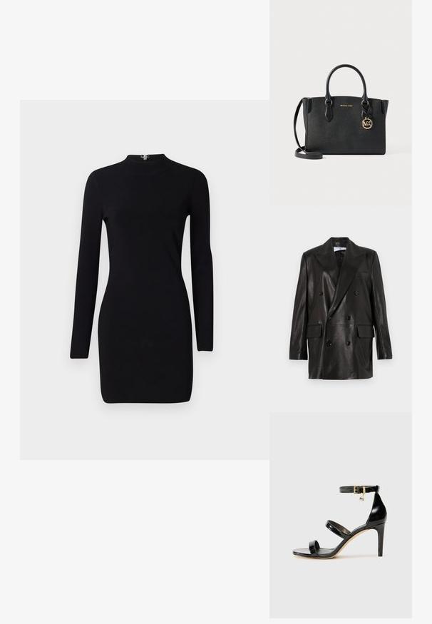 Blazer de cuero negro de doble botonadura con amplias solapas, bolsillos frontales y detalles de botones. Textura suave con una silueta entallada.; Vestido negro de manga larga con silueta ajustada, cuello alto y cierre con cremallera en la parte trasera. Textura suave y tejido elástico. Sin patrones ni adornos.; Sandalia de charol negro con tres correas, hebilla en el tobillo y tacón de aguja de 10 cm. Presenta detalles de hardware en oro y un charm con el logo.; Bolso de mano de cuero negro con dos asas superiores y una correa para el hombro desmontable. Presenta un colgante con el logo en tono dorado y un acabado texturizado.