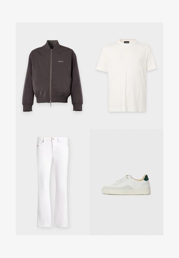 Veste bomber marron foncé avec fermeture éclair à l'avant, poignets et ourlet côtelés, et petit logo blanc Armani Exchange sur la poitrine gauche.; T-shirt blanc uni à manches courtes avec col en V et petit logo brodé sur le côté gauche de la poitrine.; Jean bootcut blanc avec fermeture avant par bouton et zip, passants de ceinture et poches, présenté sur un fond uni.; Baskets blanches avec des accents en daim, bout arrondi, lacets plats et semelle en caoutchouc crème. Présente une marque verte sur le talon.