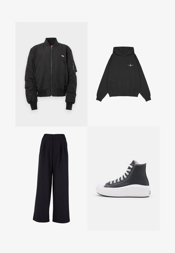 Sort bomberjakke med lynlås fortil, ribbede manchetter og talje. Har et logo på brystet og en lynlåslomme på venstre ærme.; Pegador Hættetrøje - washed black; Bredde bukser i sort stof med frontpliser, knaplukning og en glat overflade. Skræddersyet design med høj talje.; Sorte høje sneakers med hvide snørebånd og gummisål. Har en glat læderstruktur og hvide stikninger.