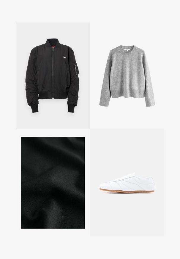 Veste aviateur noire avec fermeture éclair à l'avant, poignets et taille côtelés. Présente un logo sur la poitrine et une poche zippée sur la manche gauche.; Pull gris en tissu tricoté, avec un col rond, des poignets et un ourlet côtelés, offrant une coupe décontractée et un design légèrement court.; Tissu en coton noir avec une texture lisse, présentant de légers ondulations et des motifs en maille subtils. Le matériau offre un tombé doux et flexible.; Baskets basses blanches à lacets, tige en cuir lisse, panneaux subtilement cousus et semelle en caoutchouc marron clair.