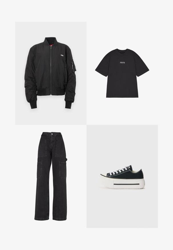 Μαύρο bomber jacket με φερμουάρ μπροστά, ραμμένα μανίκια και μέση. Διαθέτει λογότυπο στο στήθος και τσέπη με φερμουάρ στο αριστερό μανίκι.; Μαύρη βαμβακερή μπλούζα με κοντά μανίκια, featuring ένα μικρό λευκό γραφικό κείμενο "PEGAIDOR PGDR" μπροστά. Απλή σχεδίαση με στρογγυλή λαιμόκοψη.; Μαύρο τζιν cargo παντελόνι με φαρδιά πόδια, πολλαπλές θηκες patch και ψηλή μέση. Περιλαμβάνει κλείσιμο με κουμπί και ανθεκτική ραφή.; Μαύρα μποτάκια καμβά με άσπρη ελαστική σόλα, χαρακτηριστικά με παχύ πλατφόρμα, άσπρα κορδόνια και αντίθετη ραφή κατά τις ραφές.