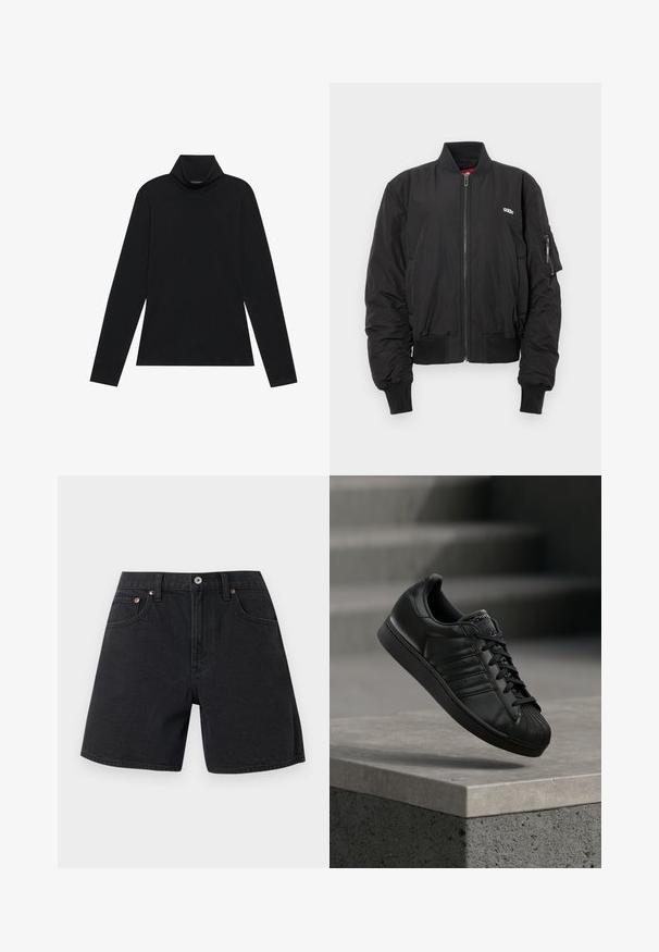 Zwarte bomberjack met een ritssluiting aan de voorkant, ribbelmanchetten en -band. Bevat een logo op de borst en een ritszak op de linker mouw.; Zwarte langetermijn turtleneck. Zachte stof, getailleerd design, hoge kraag en zijnaad. Eenvoudige en veelzijdige stijl die geschikt is voor het laagjes dragen.; Zwarte denimshorts met voorzakken, riemlussen en een knoopsluiting, gecentreerd op een eenvoudige lichte achtergrond.; Zwarte leren sneaker met textuur op de rubberen neuskap, platte veters en geperforeerde zijstrepen, geplaatst boven een betonnen oppervlak.