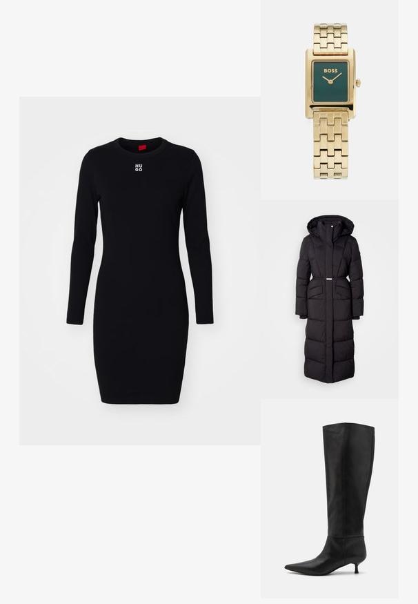 Langer schwarzer gepolsterter Wintermantel mit Kapuze, Fronttaschen, taillierter Passform und einem Reißverschluss auf der Vorderseite, vor einem weißen Hintergrund präsentiert.; Schwarzes langärmeliges Kleid aus weichem, dehnbarem Stoff. Mit Rundhalsausschnitt und weißem "HUGO"-Logo auf der Brust. Figurbetontes Design.; Knöchelhohe schwarze Lederstiefel mit einer spitz zulaufenden Zehenpartie und einem Kitten-Heel. Glatte Textur und minimalistisches Design ohne sichtbare Beschläge oder Akzente.; Goldfarbene rechteckige Uhr mit grünem Zifferblatt, auf dem der Markenname "BOSS" steht, sowie einem metallischen Gliederarmband. Schlichte Zeiger und ein Krone-Detail.