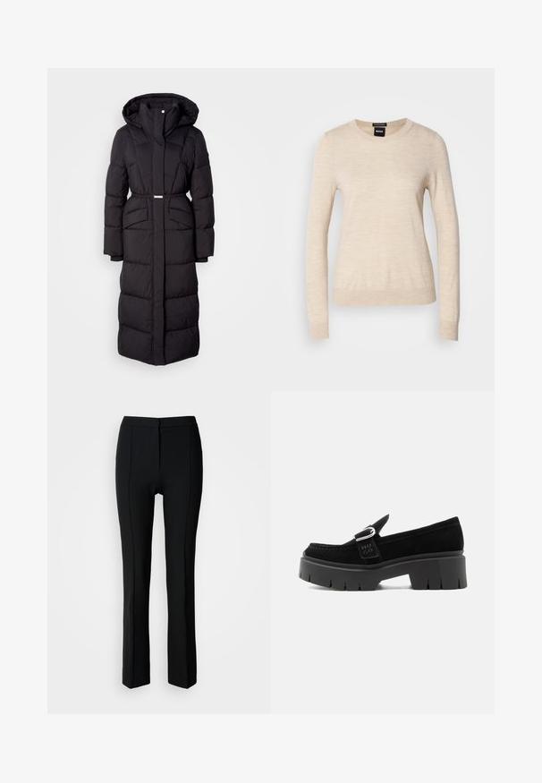Pikk must soe talvejope kapuutsiga, ees taskud, vöökoht, ja esine lukuga, esitatud valgel taustal.; BOSS FERPINA - Džemper - light beige; Mustad püksid kohandatud lõikega, sujuva tekstuuriga, sirge jala disainiga ja peente eesõmblustega.; Mustast seemisnahast mokasiiin paksu soonilise tallaga, hõbedase pandla detailiga ja küljes olevasse rihma pressitud "HUGO" logoga, näidatud välisküljelt.