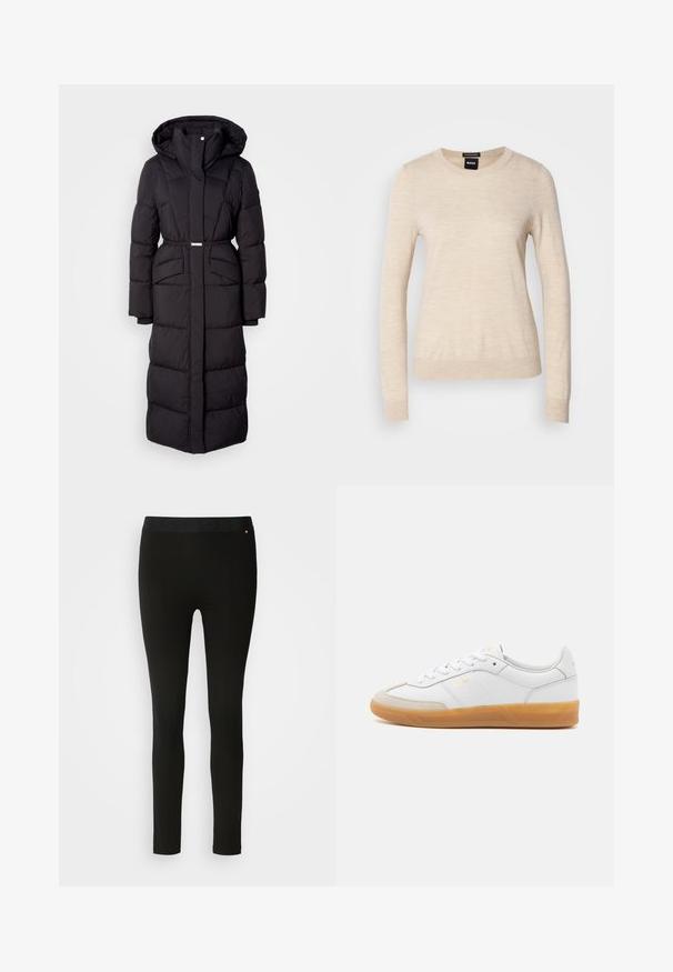 Lang sort polstret vinterjakke med hætte, forlommer, taljebælte og lynlåsfortil, præsenteret på en hvid baggrund.; BOSS FERPINA - Striktrøje - light beige; Sorte leggings med en glat tekstur, featuring en fleksibel talje og diskret sømdetalje. Ingen mønstre eller hardware er til stede.; Hvide lædersneakers med beige ruskindsdetaljer, gummisål og snøredesign. Har diskret branding i guld.