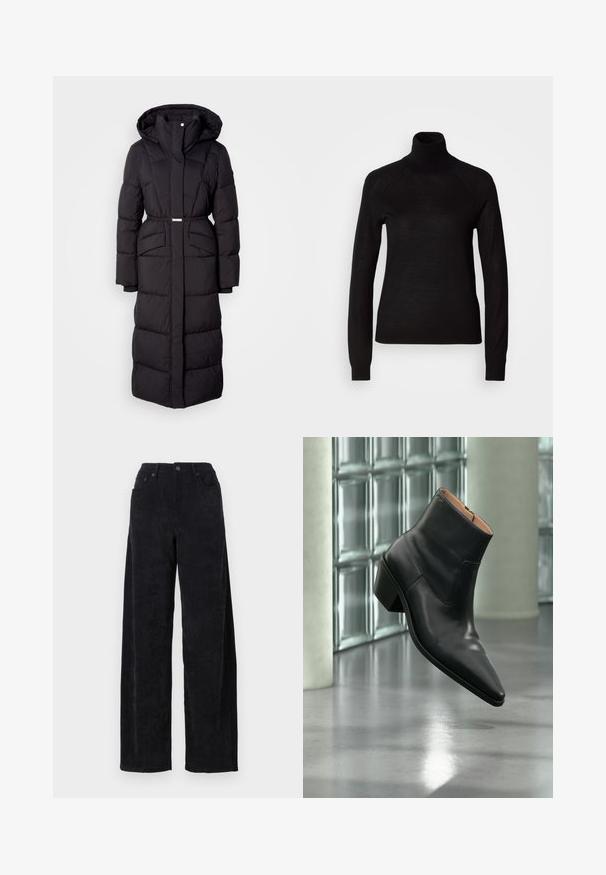 Langer schwarzer gepolsterter Wintermantel mit Kapuze, Fronttaschen, taillierter Passform und einem Reißverschluss auf der Vorderseite, vor einem weißen Hintergrund präsentiert.; Schwarzer Rollkragenpullover aus leichtem Strickmaterial. Mit langen Ärmeln und einer figurbetonten Silhouette mit Raglanärmeln.; Schwarze Corduroy-Hosen mit weitem Bein und hohem Bund, ausgestattet mit zwei Fronttaschen und feiner vertikaler Rippstruktur.; Schwarzer Leder-Stiefelette mit spitzer Schuhspitze und Blockabsatz, der über einem reflektierenden grauen Boden nahe einer Glassteinwand schwebt.