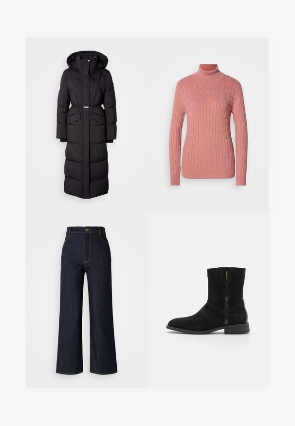 Lange zwarte gewatteerde winterjas met capuchon, voorzakken, een ceintuurlijn en een ritssluiting aan de voorkant, gepresenteerd op een witte achtergrond.; Roze kabelgebreide turtleneck trui met lange mouwen, geribbelde boorden en zoom; heeft een klein logo op de borst.; Donkerblauwe denim wijde jeans met een hoge taille, voorzien van gouden stiksel, een sluiting met een knoop aan de voorkant, en twee zijzakken.; Zwarte suède enkelboots met een ronde neus, subtiele stiksels en een glanzend zwart accent. Voorzien van een lage hak en GANT-logo aan de zijkant.