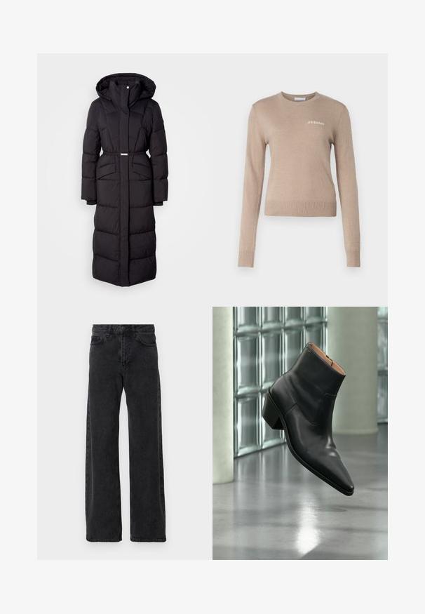 Lange zwarte gewatteerde winterjas met capuchon, voorzakken, een ceintuurlijn en een ritssluiting aan de voorkant, gepresenteerd op een witte achtergrond.; Beige gebreide trui met lange mouwen, ronde halslijn, geribde zoom en manchetten, met een subtiel wit "2ND DAY" logo op de borst.; Zwarte denim jeans met een wijd pijpdesign, voorzien van de klassieke vijf-pocket stijl, knoopsluiting en subtiele vervaging.; Zwarte leren enkellaars met een spitse neus en blokhak die zweeft boven een reflecterende grijze vloer nabij een glazen blokmuur.