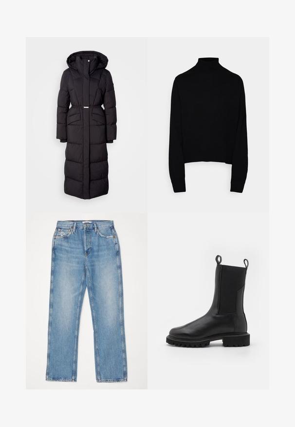 Lange zwarte gewatteerde winterjas met capuchon, voorzakken, een ceintuurlijn en een ritssluiting aan de voorkant, gepresenteerd op een witte achtergrond.; Zwarte coltrui, gebreid textuur, lange mouwen, aangesloten ontwerp, geribde zoom en manchetten, veelzijdig voor layering.; RE/DONE HIGH RISE - Straight leg jeans - worn blue; AllSaints HALLIE - Enkellaarsjes met plateauzool - black