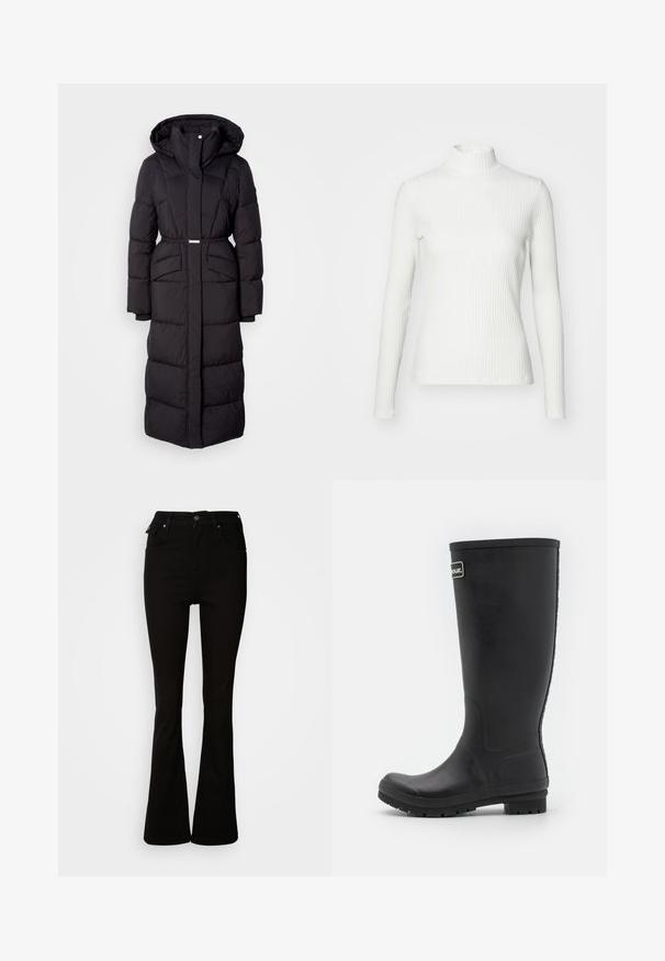 Langer schwarzer gepolsterter Wintermantel mit Kapuze, Fronttaschen, taillierter Passform und einem Reißverschluss auf der Vorderseite, vor einem weißen Hintergrund präsentiert.; Weißes geripptes Turtleneck-Oberteil mit langen Ärmeln, aus elastischem Stoff. Verfügt über ein enganliegendes Design und einen hohen Kragen für zusätzlichen Schutz.; Schwarze, aus Denim gefertigte Schlagjeans mit hoher Taille, vorderen Taschen und einem klassischen Fünf-Taschen-Design mit Metallakzenten.; Schwarzer Gummiregenstiefel, hohes Design mit mattem Finish. Verfügt über eine dicke Sohle mit Rillen und einem Logo-Akzent an der Seite.