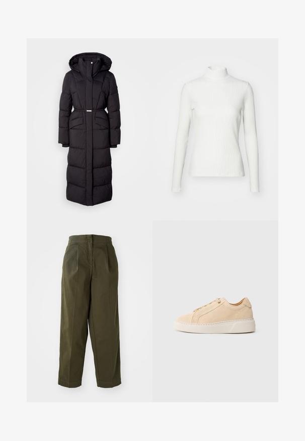 Long manteau d'hiver noir rembourré avec capuche, poches avant, taille ceinturée et fermeture éclair sur le devant, présenté sur un fond blanc.; Haut col roulé blanc à côtes avec des manches longues, fabriqué en tissu extensible. Présente un design ajusté et un encolure haute pour plus de couverture.; Pantalons larges vert olive, taille haute, avec des plis avant et des ourlets retroussés. Fabriqués en tissu léger avec une texture lisse.; Baskets en daim beige avec un bout arrondi, des coutures ton sur ton, et une semelle épaisse en caoutchouc blanc. Elles présentent des lacets plats et un design minimaliste.