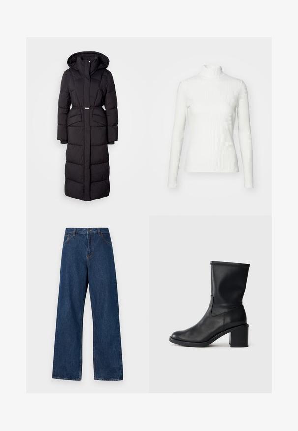 Long manteau d'hiver noir rembourré avec capuche, poches avant, taille ceinturée et fermeture éclair sur le devant, présenté sur un fond blanc.; Haut col roulé blanc à côtes avec des manches longues, fabriqué en tissu extensible. Présente un design ajusté et un encolure haute pour plus de couverture.; Jean large en denim bleu foncé avec un design classique à cinq poches. Présente des coutures contrastées et une fermeture par bouton à l'avant.; Botte en cuir noir à cheville avec un bout rond, texture lisse et un talon épais, présentant un tige ajustée et un subtil détail de couture.