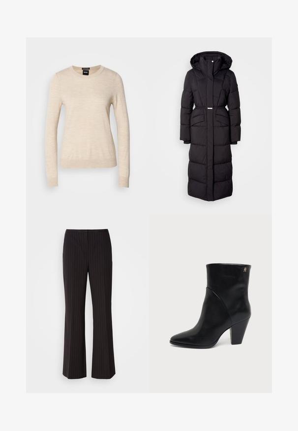 Langer schwarzer gepolsterter Wintermantel mit Kapuze, Fronttaschen, taillierter Passform und einem Reißverschluss auf der Vorderseite, vor einem weißen Hintergrund präsentiert.; BOSS FERPINA - Strickpullover - light beige; Schwarz gestreifte weit geschnittene Hose aus glattem Stoff, mit einem mittelhohen Bund und einem schlichten Vorderdesign. Keine sichtbaren Taschen.; Schwarzer Lederknöchelstiefel mit spitz zulaufender Zehenpartie, Blockabsatz und kleinem goldenen Logo nahe der oberen Kante an der Außenseite.
