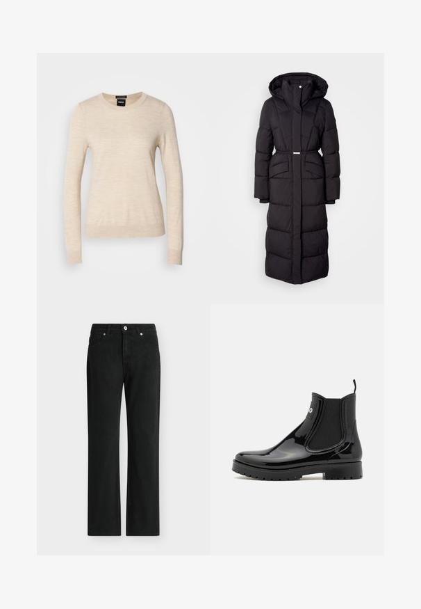 Lange zwarte gewatteerde winterjas met capuchon, voorzakken, een ceintuurlijn en een ritssluiting aan de voorkant, gepresenteerd op een witte achtergrond.; BOSS FERPINA - Trui - light beige; Zwarte rechte jeans met knoop- en ritssluiting aan de voorkant, ontwerp met vijf zakken en riemlussen.; HUGO TABITA - Regenlaarzen - black