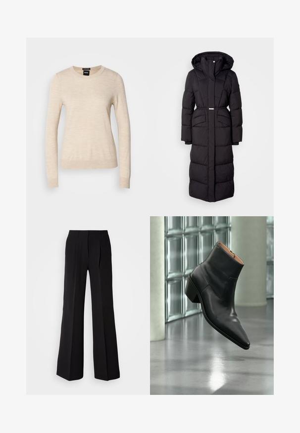 Lange zwarte gewatteerde winterjas met capuchon, voorzakken, een ceintuurlijn en een ritssluiting aan de voorkant, gepresenteerd op een witte achtergrond.; BOSS FERPINA - Trui - light beige; Zwarte broeken van soepele stof, met een hoge taille, wijde pijpen en twee plooien aan de voorkant voor extra ontwerpelementen.; Zwarte leren enkellaars met een spitse neus en blokhak die zweeft boven een reflecterende grijze vloer nabij een glazen blokmuur.