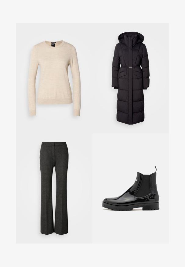 Lange zwarte gewatteerde winterjas met capuchon, voorzakken, een ceintuurlijn en een ritssluiting aan de voorkant, gepresenteerd op een witte achtergrond.; BOSS FERPINA - Trui - light beige; Grijze flared broek gemaakt van textuurstof. Kenmerkt zich door een vlakke voorkant, een tailor-made silhouet en een subtiel visgraatpatroon overal.; HUGO TABITA - Regenlaarzen - black