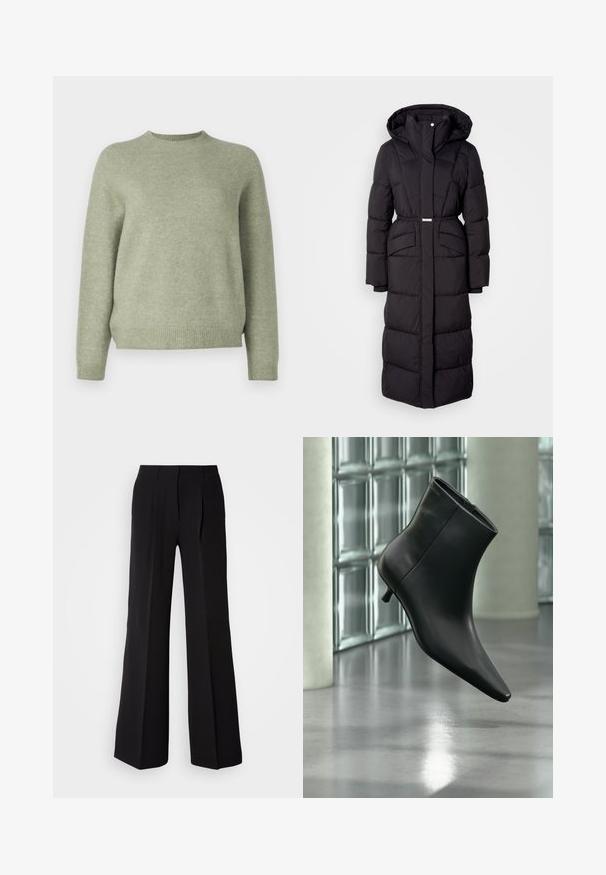 Abrigo de invierno largo, negro, acolchado, con capucha, bolsillos delanteros, cintura ajustada con cinturón y cierre de cremallera frontal, exhibido sobre un fondo blanco.; DRYKORN PEMIRI - Jersey de punto - green; Pantalones negros de tejido suave, con cintura alta, silueta de pierna ancha y dos pliegues frontales para añadir detalle de diseño.; Botín negro de cuero con punta puntiaguda y tacón bajo estilo kitten, mostrado en ángulo sobre un suelo pulido y con una pared de bloques de vidrio de fondo.