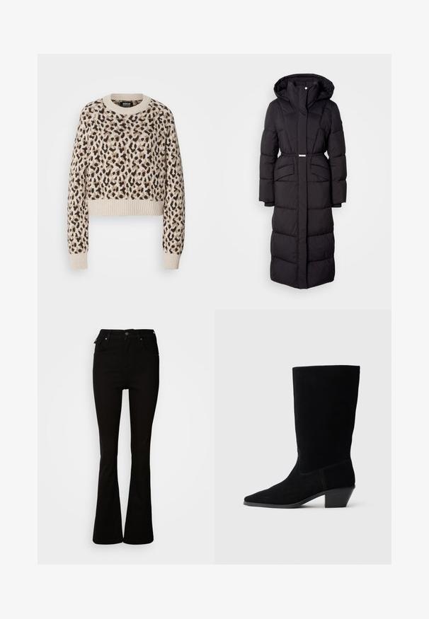Lange zwarte gewatteerde winterjas met capuchon, voorzakken, een ceintuurlijn en een ritssluiting aan de voorkant, gepresenteerd op een witte achtergrond.; Beige cropped sweater met een luipaardprint in bruine en zwarte tinten. Kenmerkt geribbelde manchetten en zoom, met een ronde halslijn.; Zwarte flared jeans van denim, met een hoge taille, voorzakken en een klassiek vijf-pocket ontwerp met metalen accenten.; Zwarte suede enkellaars met een spitse neus, een schacht van gemiddelde hoogte en een chunky hak. Heeft minimaal stikwerk en een gladde textuur.