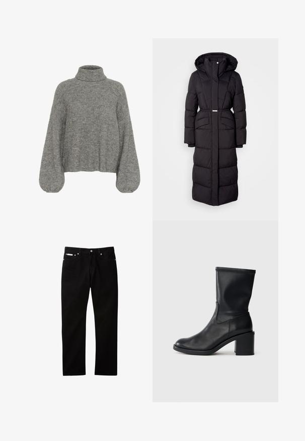 Lange zwarte gewatteerde winterjas met capuchon, voorzakken, een ceintuurlijn en een ritssluiting aan de voorkant, gepresenteerd op een witte achtergrond.; Grijze, geribbelde gebreide trui met een hoge hals, verlaagde schouders en volumineuze mouwen. Zachte textuur en cropped lengte.; Zwarte denim jeans met een rechte pijp, voorzien van een knoop- en ritssluiting, vijf zakken en een klein logovlaggetje op de tailleband.; Zwarte leren enkellaars met een ronde neus, een gladde textuur en een chunky hak, met een strak schacht en subtiele stiksels.