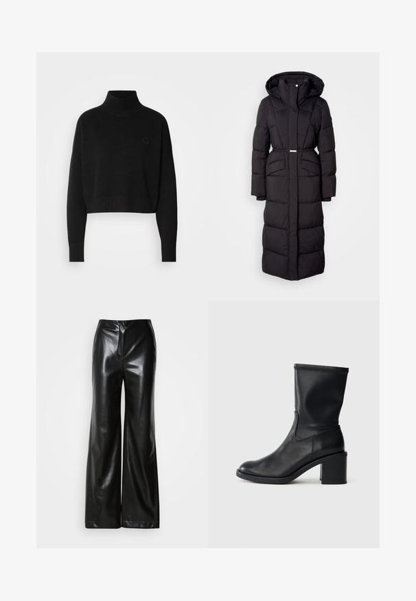 Lange zwarte gewatteerde winterjas met capuchon, voorzakken, een ceintuurlijn en een ritssluiting aan de voorkant, gepresenteerd op een witte achtergrond.; Zwarte cropped sweater, geribbelde turtleneck, lange mouwen, gebreide textuur, met een klein logo op de borst.; Zwarte leren wijde broek met een gladde textuur, hoge taille en een verborgen ritssluiting aan de voorkant. Tailored fit met een nette afwerking.; Zwarte leren enkellaars met een ronde neus, een gladde textuur en een chunky hak, met een strak schacht en subtiele stiksels.