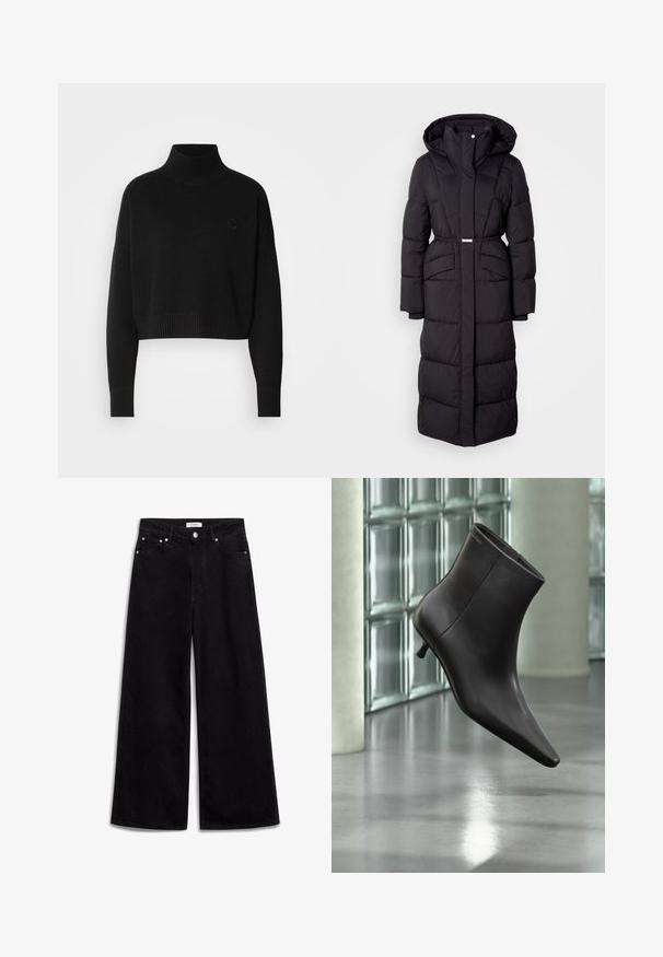 Lang sort polstret vinterjakke med hætte, forlommer, taljebælte og lynlåsfortil, præsenteret på en hvid baggrund.; Sort cropped sweater, ribbede turtleneck, lange ærmer, strikket tekstur, med et lille logo på brystet.; Sorte vidde jeans lavet af denim, med høj talje, fem lommer og sølv hardware detaljer. Glat tekstur, enkelt design.; Sort læderankelstøvle med spids tå og lille hæl vist mod en væg af glasblokke og poleret gulv baggrund.