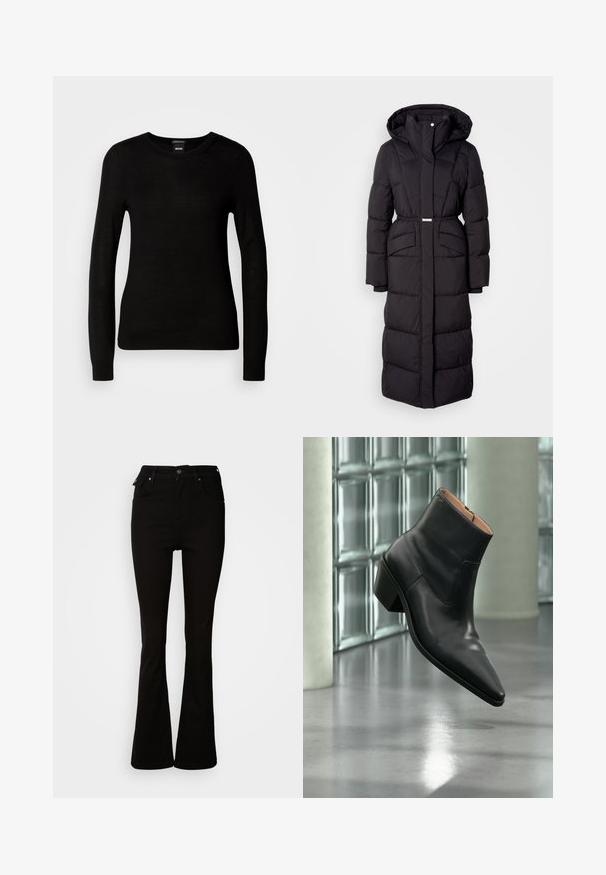 Langer schwarzer gepolsterter Wintermantel mit Kapuze, Fronttaschen, taillierter Passform und einem Reißverschluss auf der Vorderseite, vor einem weißen Hintergrund präsentiert.; Schwarzer Pullover aus feinem Strickmaterial, mit rundem Halsausschnitt und langen Ärmeln mit enganliegenden Bündchen. Keine sichtbaren Muster oder Verzierungen.; Schwarze, aus Denim gefertigte Schlagjeans mit hoher Taille, vorderen Taschen und einem klassischen Fünf-Taschen-Design mit Metallakzenten.; Schwarzer Leder-Stiefelette mit spitzer Schuhspitze und Blockabsatz, der über einem reflektierenden grauen Boden nahe einer Glassteinwand schwebt.