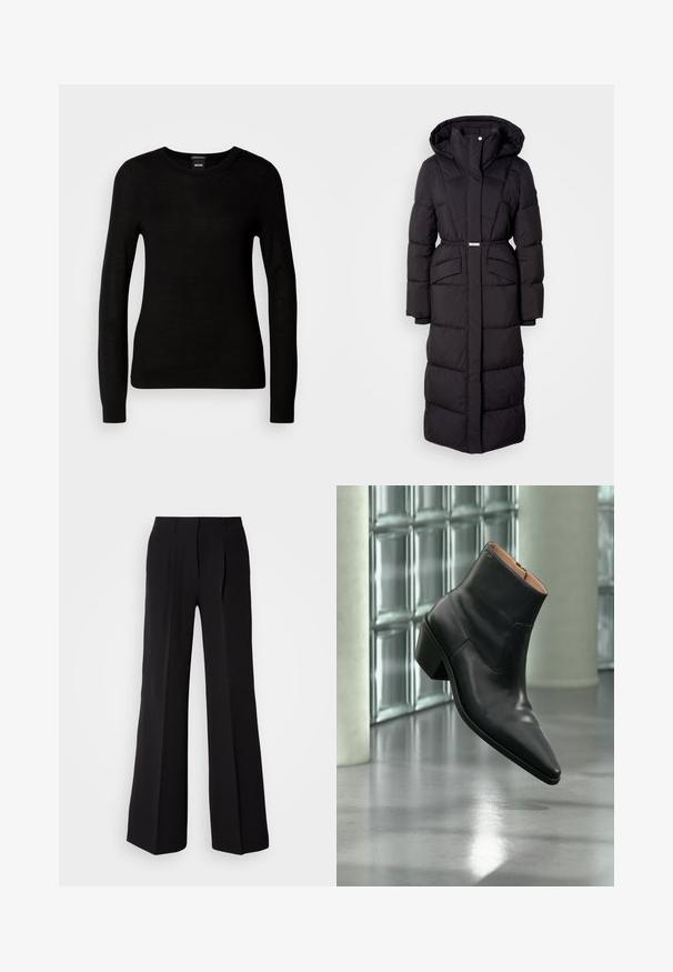 Langer schwarzer gepolsterter Wintermantel mit Kapuze, Fronttaschen, taillierter Passform und einem Reißverschluss auf der Vorderseite, vor einem weißen Hintergrund präsentiert.; Schwarzer Pullover aus feinem Strickmaterial, mit rundem Halsausschnitt und langen Ärmeln mit enganliegenden Bündchen. Keine sichtbaren Muster oder Verzierungen.; Schwarze Hose aus glattem Stoff, mit hohem Bund, weitem Schnitt und zwei vorderen Falten für zusätzlichen Designakzent.; Schwarzer Leder-Stiefelette mit spitzer Schuhspitze und Blockabsatz, der über einem reflektierenden grauen Boden nahe einer Glassteinwand schwebt.