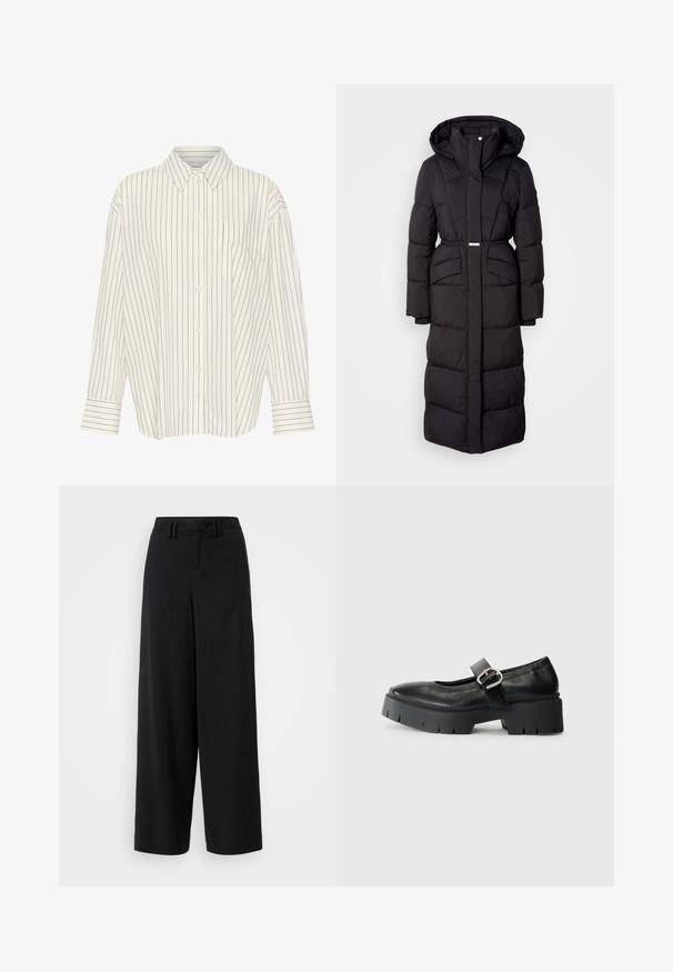 Abrigo de invierno largo, negro, acolchado, con capucha, bolsillos delanteros, cintura ajustada con cinturón y cierre de cremallera frontal, exhibido sobre un fondo blanco.; Camisa blanca de botones con estrechas rayas verticales negras, cuello, mangas largas, bolsillo en el pecho y corte recto con detalles en los puños.; Pantalones de pierna ancha negros, hechos de una tela suave, con un diseño de frente plano, detalles plisados y trabillas en la cinturilla.; Zapatos Mary Jane de cuero negro con suela de plataforma gruesa, punta redonda y detalle de hebilla lateral. Textura suave con costuras mínimas.