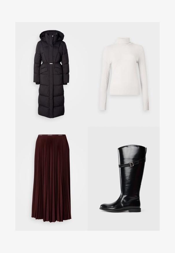 Lange zwarte gewatteerde winterjas met capuchon, voorzakken, een ceintuurlijn en een ritssluiting aan de voorkant, gepresenteerd op een witte achtergrond.; Romige ribbelige langemouw turtleneck top met een getailleerde silhouet tegen een effen witte achtergrond.; Bordeaux plissé rok van zachte stof met een elastische tailleband en een subtiele logo. Volledige lengte ontwerp met verticale plooien.; Hoge zwarte leren laars met lage hak en decoratieve band met zilveren gesp rond de bovenkant van de kuit.