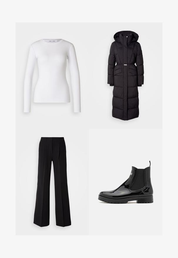 Long manteau d'hiver noir rembourré avec capuche, poches avant, taille ceinturée et fermeture éclair sur le devant, présenté sur un fond blanc.; Chemise blanche à manches longues en tissu côtelé, avec un col rond et une coupe cintrée. Aucun motif ni accent présent.; Pantalons noirs en tissu lisse, avec une taille haute, une coupe évasée et deux plis sur le devant pour un détail de conception supplémentaire.; HUGO TABITA - Bottes en caoutchouc - black