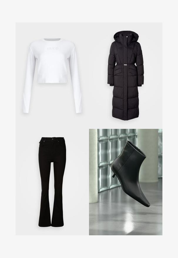 Long manteau d'hiver noir rembourré avec capuche, poches avant, taille ceinturée et fermeture éclair sur le devant, présenté sur un fond blanc.; Top court à manches longues blanc en tissu lisse, avec un logo "HUGO" subtil en gris clair sur le devant.; Jean noir évasé en denim, avec une taille haute, des poches avant, et un design classique à cinq poches avec des accents en métal.; Bottine en cuir noir à bout pointu et petit talon kitten, présentée en angle devant un sol poli et un mur en blocs de verre.