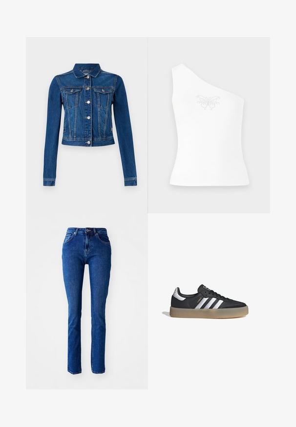 Chaqueta de denim en azul medio con un diseño cropped, que cuenta con botones a presión plateados, dos bolsillos en el pecho y mangas largas con costuras en contraste.; Top blanco de un solo hombro hecho de un tejido suave, con un diseño de mariposa adornado con pequeños strass en la parte delantera.; Jeans de mezclilla azul con un corte ajustado, cintura alta, piernas rectas y detalles cosidos. Cuenta con un cierre de botón y cremallera. Sin adornos adicionales.; Zapatilla deportiva de cuero negro con tres rayas plateadas, punta texturizada y suela de goma. Cuenta con un collar acolchado y un diseño con cordones.