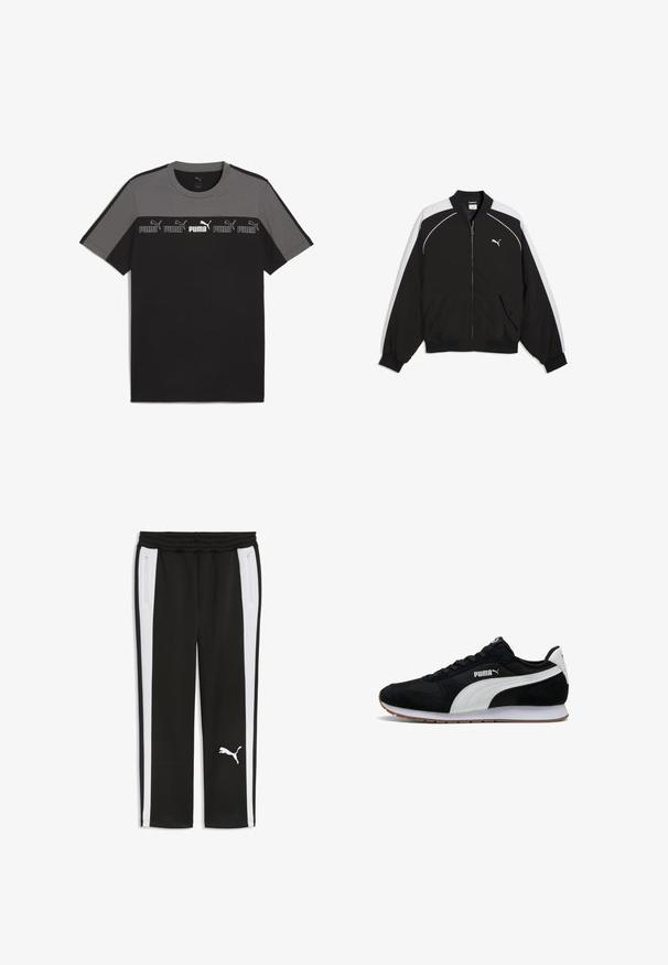 Schwarz-weiße Puma Jacke mit Reißverschluss, geripptem Kragen, Bündchen, Saum, seitlichen Taschen und weißem Puma-Logo auf der Brust.; Schwarz-graues T-Shirt mit kurzen Ärmeln und rundem Ausschnitt, das ein wiederholtes weißes 'PUMA'-Logo über der Brust aufweist und aus glattem Baumwollmaterial besteht.; Schwarze Trainingshose mit weißen Seitenstreifen, elastischem Bund, seitlichen Reißverschlusstaschen und weißem Puma-Logo am linken Bein.; Schwarze Wildleder- und Mesh-Sneaker mit weißen synthetischen Akzenten, ausgestattet mit einer Gummisohle, runder Zehenpartie und klassischem Schnürdesign. Logo an der Seite.