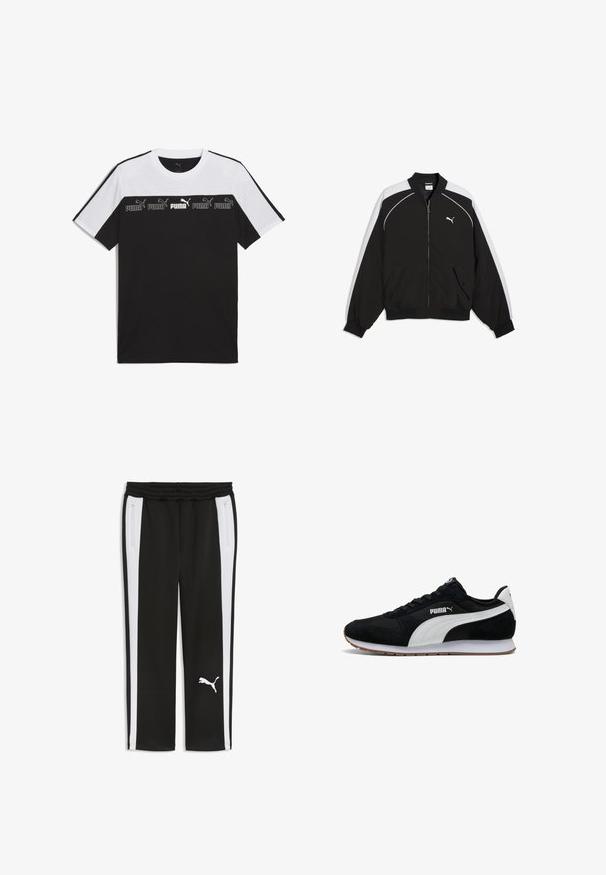 Sort-hvid Puma lynlåstrøje med ribbet krave, manchetter, kant, sidelommer og hvidt Puma-logo på brystet.; Sort og hvid kortærmet T-shirt lavet af bomuld, med et iøjnefaldende PUMA-logo i midten og et tekstureret design over brystet.; Sorte træningsbukser med hvide sidelister, elastik i taljen, lynlåslommer i siden og hvidt Puma-logo på venstre ben.; Sort ruskind og mesh sneakers med hvide syntetiske detaljer, der har en gummisål, rund tå og klassisk snørebåndsdesign. Logo på siden.